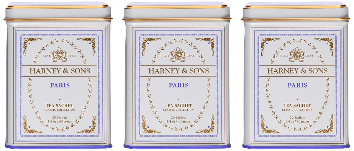 Harney & Sons Paris Black Tea Sachet Collection, All Natural - Classic Tin of 20 Sachets, 1.4 Ounce 20 Count (Pack of 3)