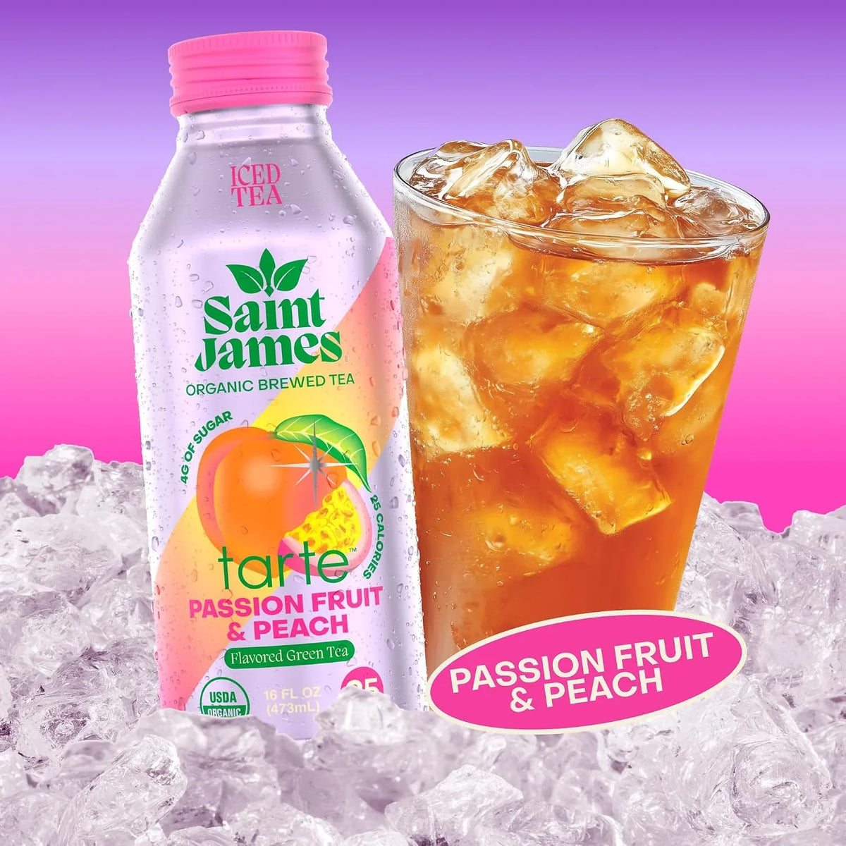 Saint James x Tarte Passion Fruit & Peach Organic Green Tea, 16 Oz, 12 Pack