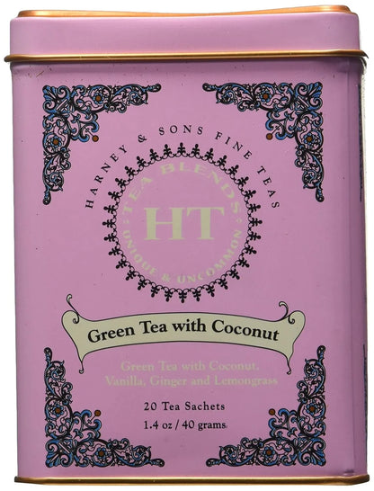 Harney and Sons Fine Teas, Green Tea with Coconut, 20 Sachets (Pack of 3)