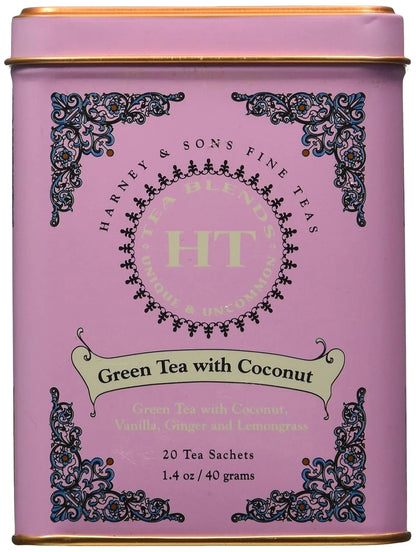 Harney and Sons Fine Teas, Green Tea with Coconut, 20 Sachets (Pack of 3)