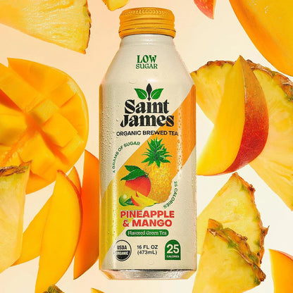 Saint James Pineapple & Mango Organic Green Tea, Low Sugar, 16 Oz, 12 Pack