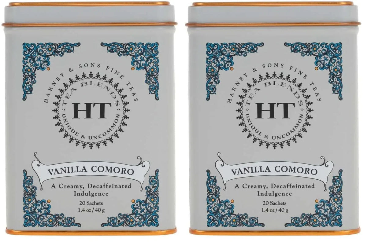 Harney & Sons Tea Decaffeinated, Great Present Idea, Vanilla Comoro, 1.4 oz Tin (20 Sachets) (Pack of 2)
