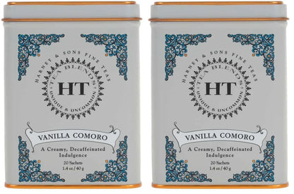Harney & Sons Tea Decaffeinated, Great Present Idea, Vanilla Comoro, 1.4 oz Tin (20 Sachets) (Pack of 2)