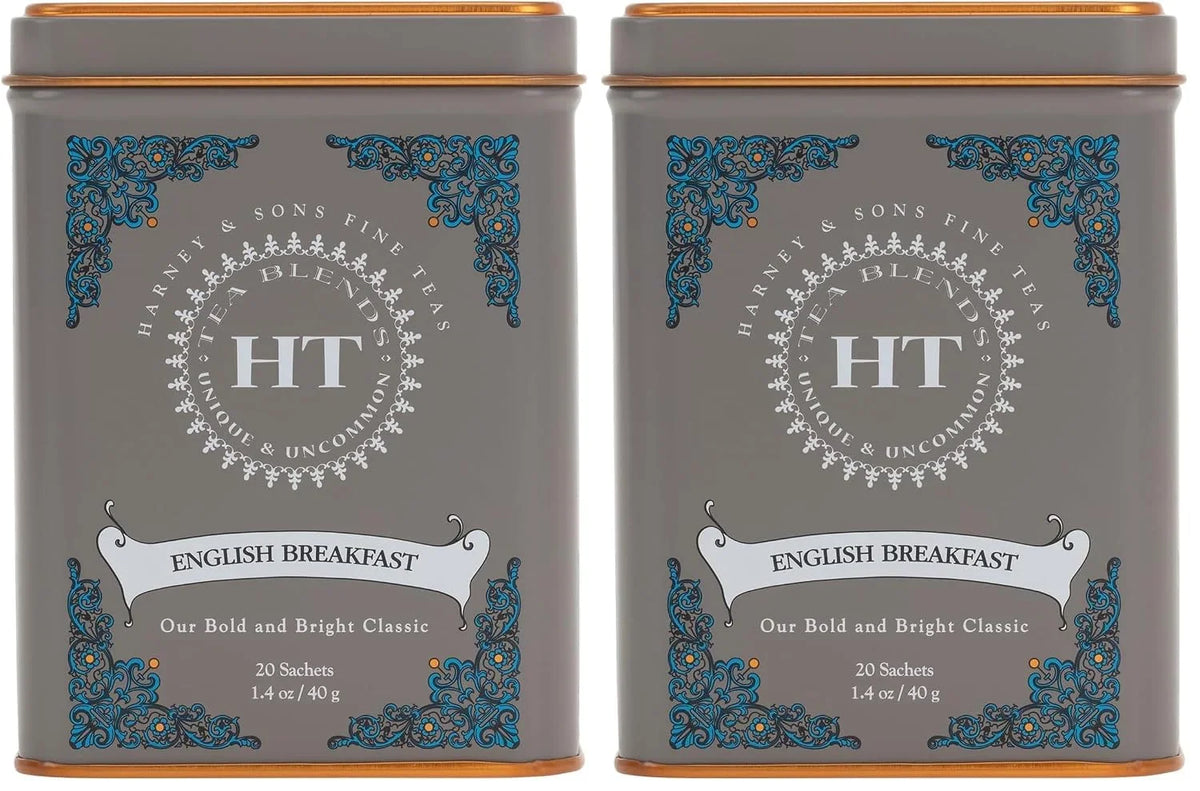 Harney & Sons English Breakfast Tea, Caffeinated, 20ct sachet tin, HT Tea Blends (Pack of 2)