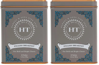 Harney & Sons English Breakfast Tea, Caffeinated, 20ct sachet tin, HT Tea Blends (Pack of 2)
