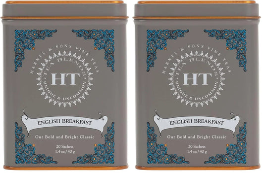 Harney & Sons English Breakfast Tea, Caffeinated, 20ct sachet tin, HT Tea Blends (Pack of 2)