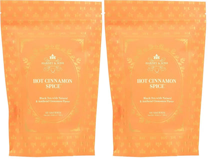 Harney & Sons Hot Cinnamon Spice, Bag of 50 Sachets, Black Tea w/Orange Pieces and Cloves (Packaging may vary), (Pack of 2)