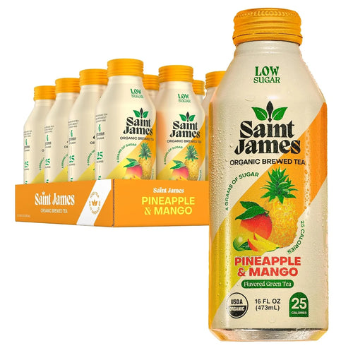 Saint James Pineapple & Mango Organic Green Tea, Low Sugar, 16 Oz, 12 Pack