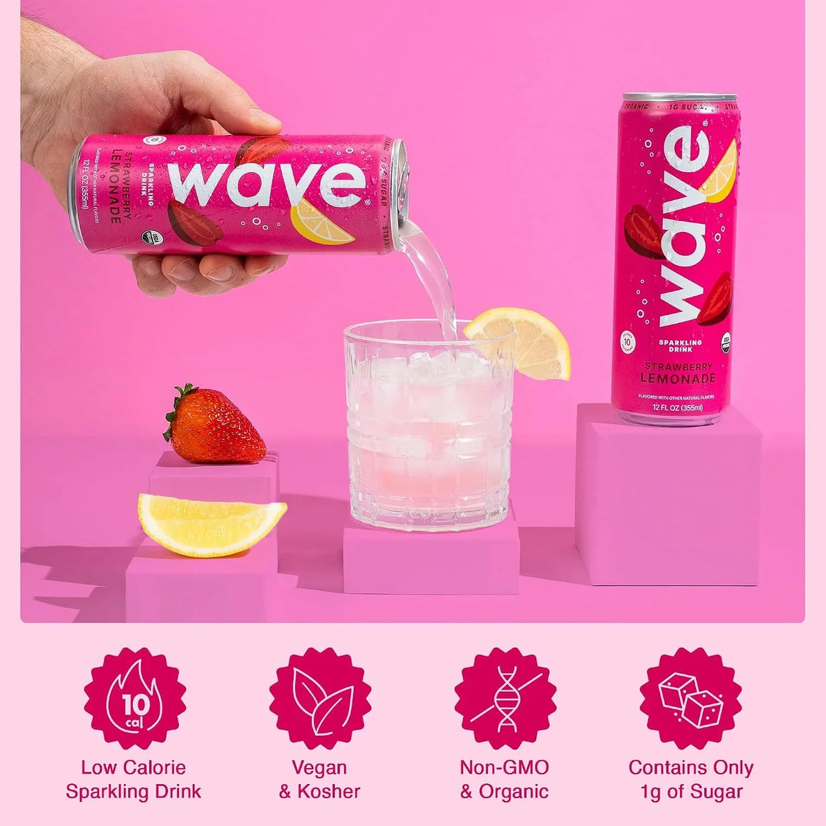 WAVE Organic Sparkling Drink, Soda Alternative, Strawberry Lemonade