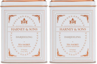 Harney & Sons Darjeeling Black Tea, 20 Sachets of Black Tea | Classic Collection, 20 sachet tin (Pack of 2)